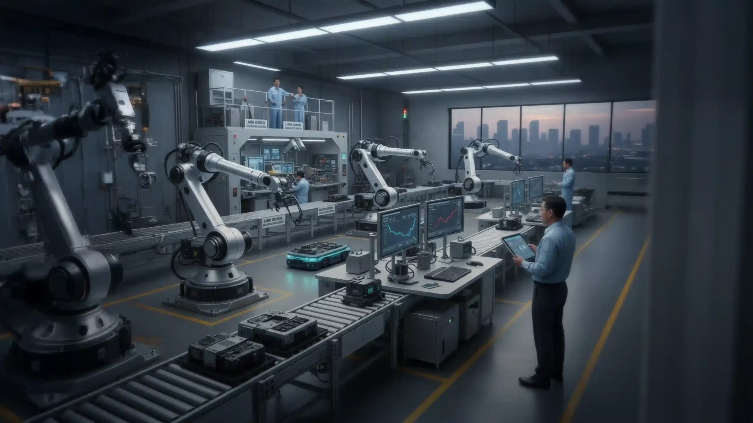 Manufacturing facility where advanced robotic arms and automated machines are operating alongside a few human technicians.
