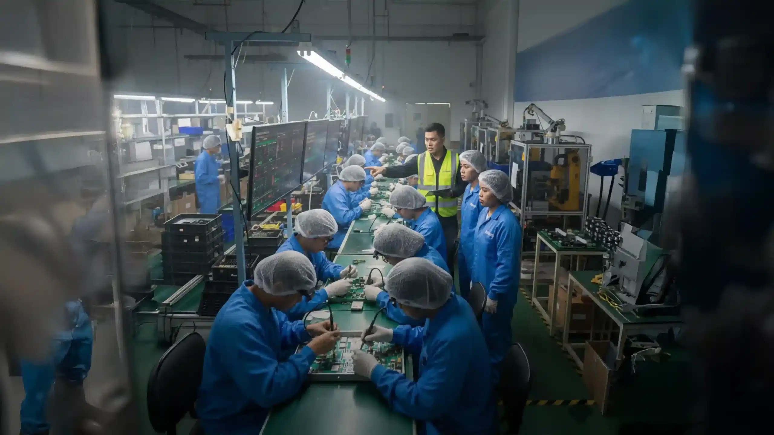 A busy electronics manufacturing plant where teams of workers are collaborating efficiently during peak production.