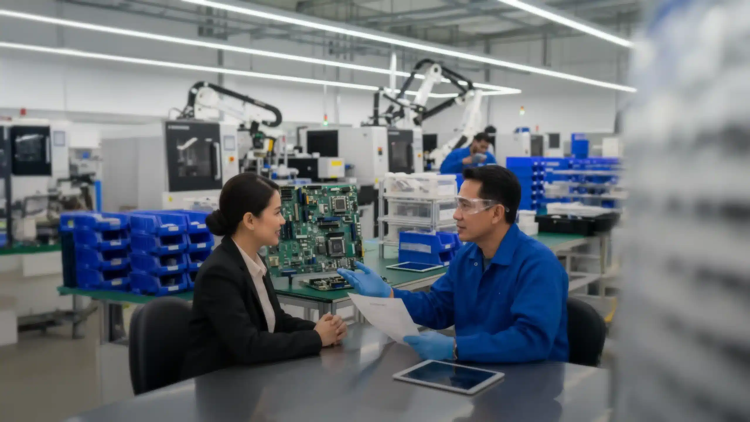 A hiring manager interviews a skilled electronics technician inside a modern manufacturing facility.