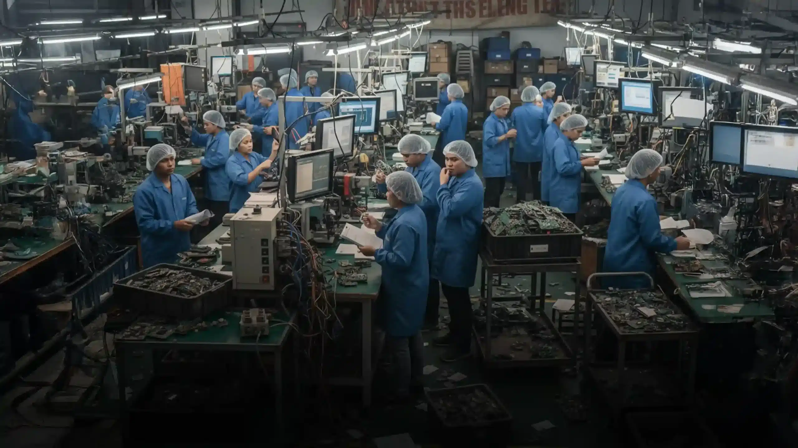 A cluttered electronics manufacturing production floor with workers appearing confused or disorganized.