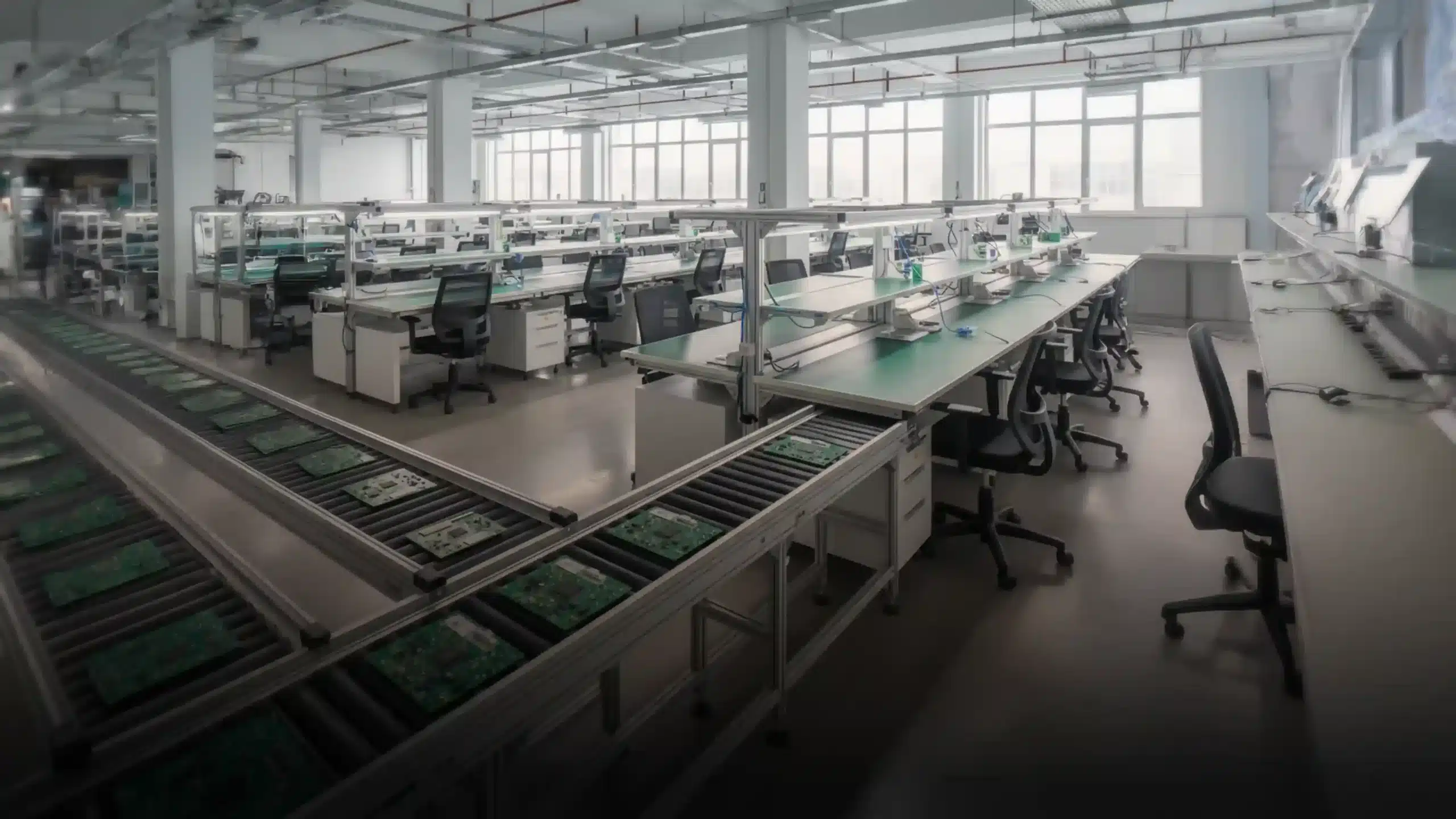 Modern electronics manufacturing factory floor with several empty workstations and unfinished circuit boards on conveyor belts.