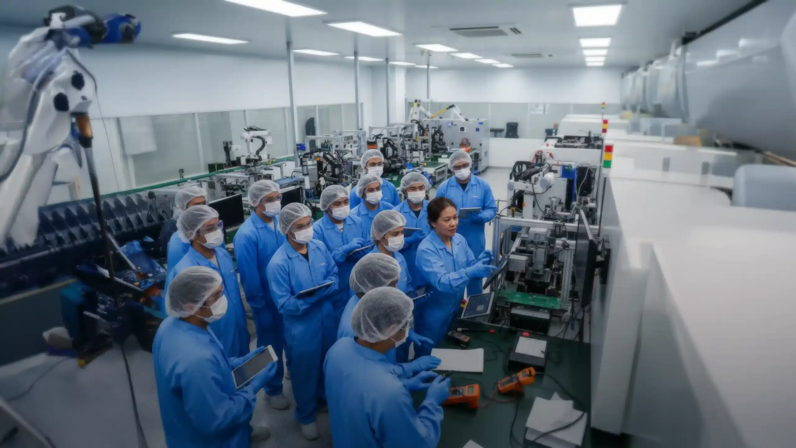 A diverse group of manufacturing workers and trainees gathered on a clean electronics production floor, receiving hands-on training from a supervisor.
