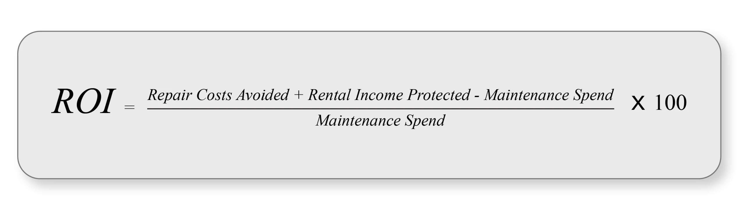 ROI formula: Repair Costs Avoided plus Rental Income Protected minus Maintenance Spend, divided by Maintenance Spend, times 100